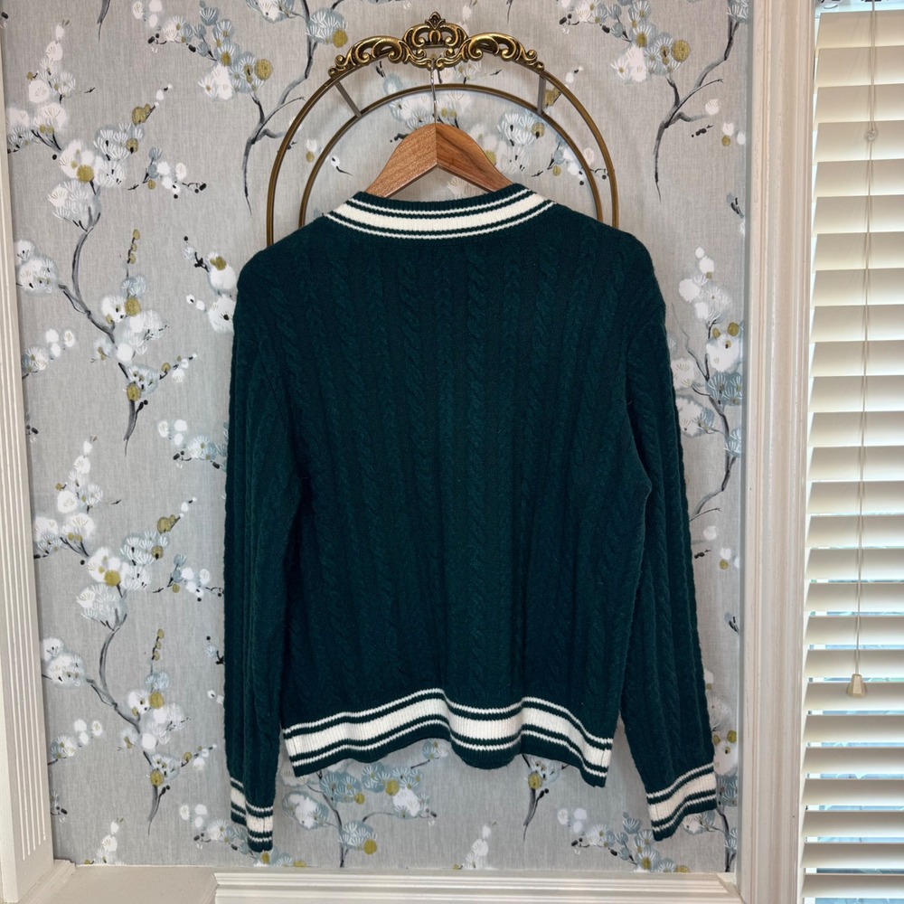 PINK Victoria's Secret Cable Knit Varsity Sweater Green White V-Neck Preppy S - Picture 4 of 5